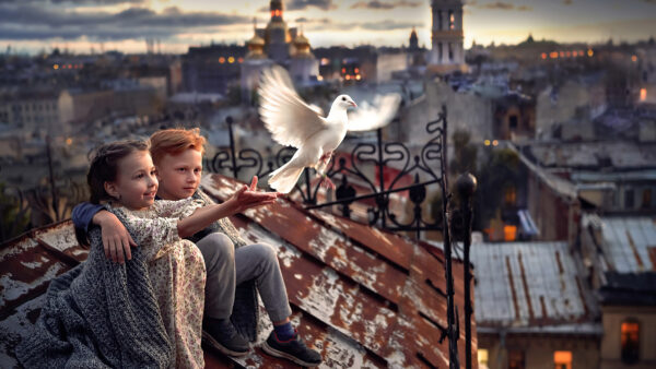 Wallpaper Letting, Boy, Sitting, Girl, Fly, And, Top, Roof, Pigeon, Cute, Little, Are
