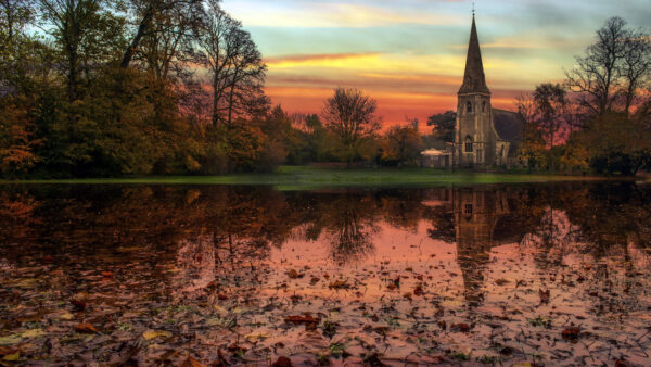 Wallpaper Church, Surrounded, Mobile, During, Reflection, Green, Sunset, Desktop, Lake, Trees, With, Travel