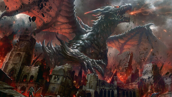 Wallpaper Fire, Dragon, Mouth, Buildings, With, Black
