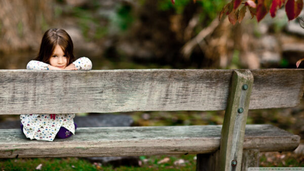 Wallpaper Dress, Wearing, Girl, And, Wooden, Sitting, Cute, Purple, Bench, Desktop, White, Little