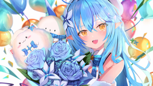 Wallpaper Rose, Anime, Blue, Girl, Eyes, Short, With, Cute, Flowers, Yellow, Hair