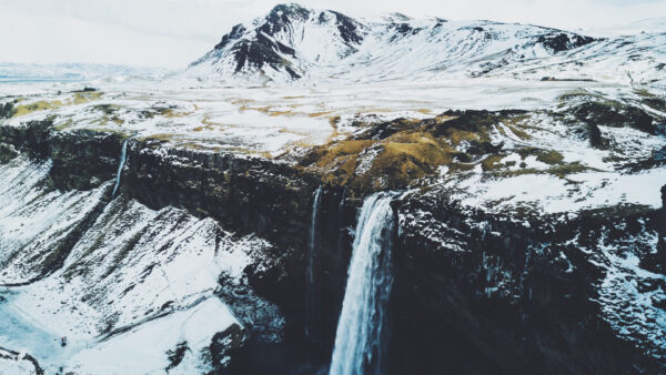 Wallpaper Mountains, Nature, Covered, Greenery, Frozen, Snow, Waterfall