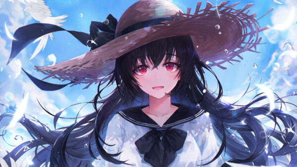 Wallpaper Dress, White, Wearing, Anime, Hat, With, Black, Girl, Eyes, Red, Big