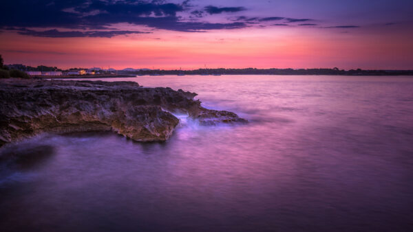 Wallpaper Mobile, And, Rocks, Sunset, During, Landscape, Desktop, Nature, Coast, View, Purple, Sky, Under, Buildings, Sea