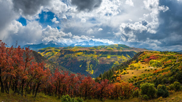 Wallpaper Blue, Mountains, Slope, Under, White, Colorful, Grass, Field, Autumn, Trees, Sky, View, Aerial, Clouds