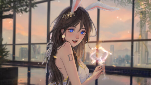 Wallpaper Girl, Dress, With, Eyes, Ears, Bunny, Anime, Blue, White