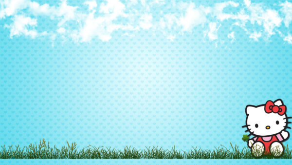 Wallpaper Blue, Grass, Red, Green, Kitty, Bow, Background, Hello, Hearts