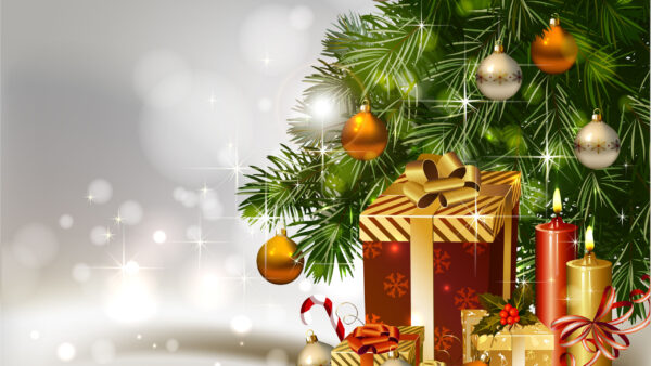 Wallpaper Christmas, Tree, Boxes, Balls, Candles, Decoration, Gift