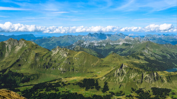 Wallpaper Valley, White, Clouds, Trees, Sky, Nature, Under, Hills, Greenery, Mountains, Slope, Blue