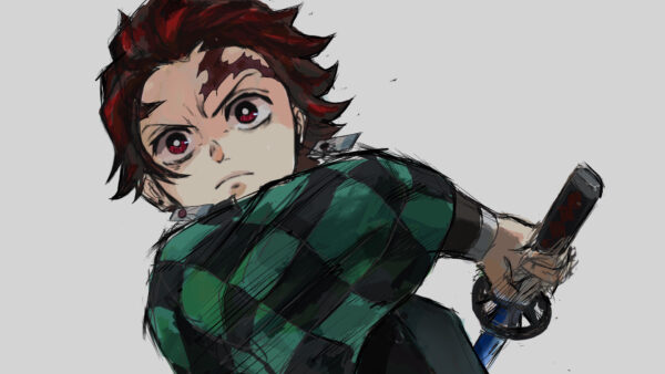 Wallpaper Desktop, Tanjirou, Background, Gray, Black, Dress, Wearing, Slayer, Having, Demon, Checked, Anime, Green, Sword, And, With, Kamado