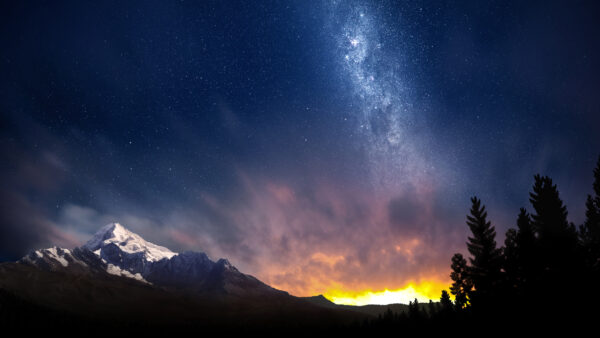 Wallpaper Space, Trees, Sky, Time, During, Mountain, Under, Center, Stars, Night, And, Desktop, Dark, Fire, With, Blue