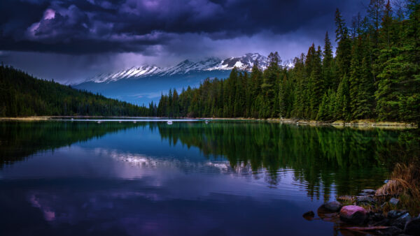 Wallpaper Trees, Nature, Lake, Clouds, Reflection, Under, Desktop, With, Dark, Mountain, And