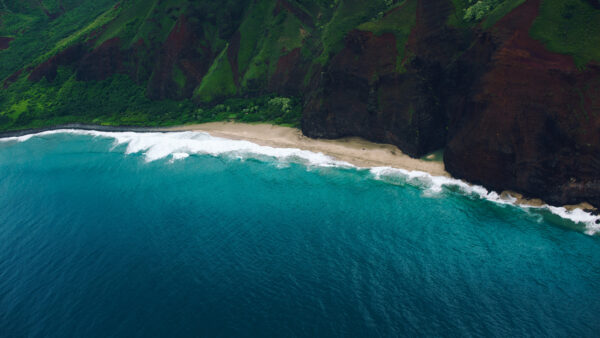 Wallpaper Beach, Waves, Rocks, Mountains, Covered, Aerial, Desktop, Mobile, Green, Ocean, View, Algae