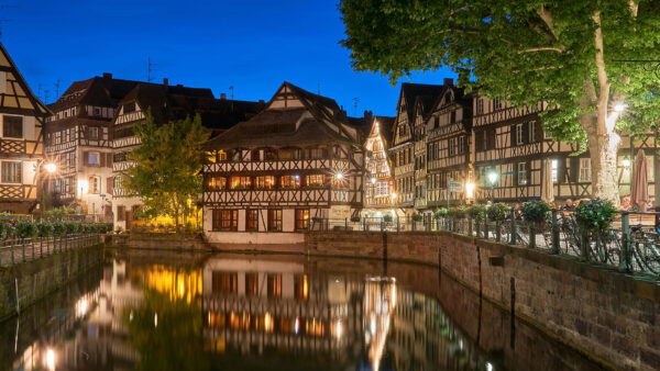 Wallpaper Reflection, France, House, Travel, Canal, Strasbourg, Building, With, Desktop, Night