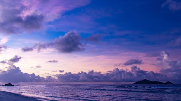 Wallpaper Desktop, Mountains, Twilight, Waves, Clouds, White, Sky, Ocean, Landscape, Mobile, View, Blue, Sea