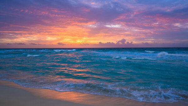 Wallpaper Yellow, Beautiful, Clouds, White, Waves, Beach, Ocean, Sunset, Under, During, Sky, Sand, Nature