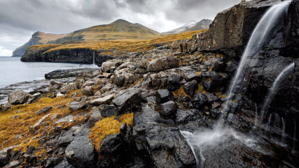 Wallpaper Covered, View, Yellow, Rocks, Waterfall, And, Mountains, Desktop, Grass, Nature, Landscape