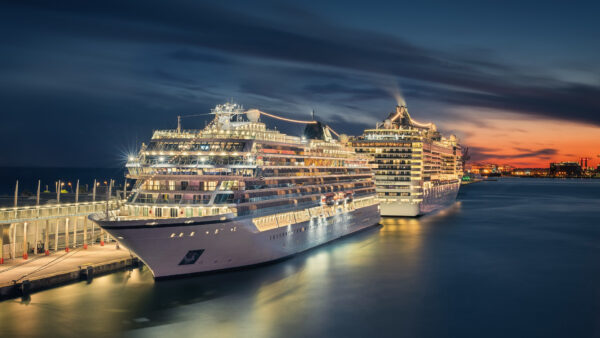 Wallpaper Evening, During, Lights, Ships, Harbour, Ship, Time, Shimmering, Cruise, Desktop, With