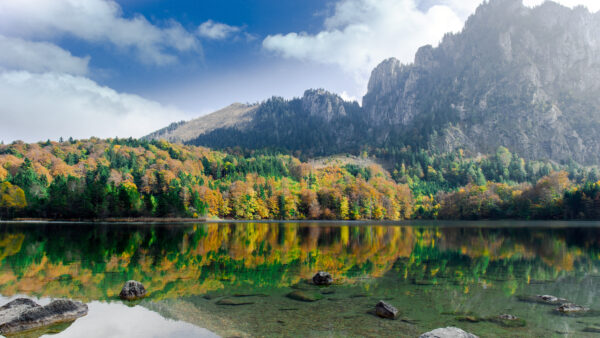 Wallpaper Desktop, Mobile, Landscape, Autumn, Mountain, Orange, Reflection, View, River, Green, Trees