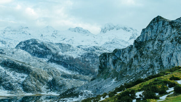 Wallpaper Nature, Rocks, Snow, Grass, Trees, Mountains, Green, Covered, Slope