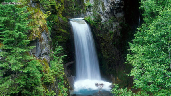 Wallpaper Lake, Rocks, Surrounded, Trees, Plants, Nature, Waterfall, Bushes, Pouring