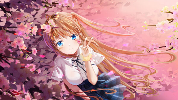 Wallpaper Long, Blue, Background, Hair, School, Flowers, Wearing, Eyes, Girl, Uniform, Standing, Anime