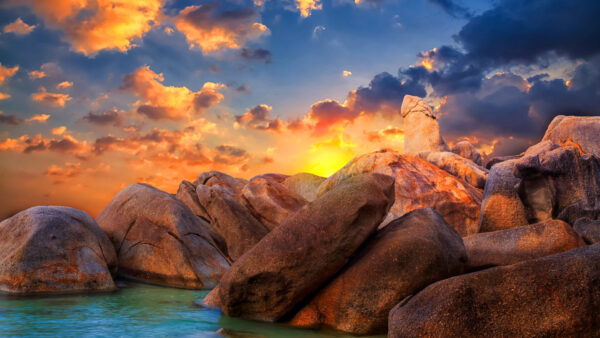 Wallpaper Clouds, Blue, Sky, Beach, Nature, Yellow, Black, Beautiful, Sunrise, Rocks, Over, The