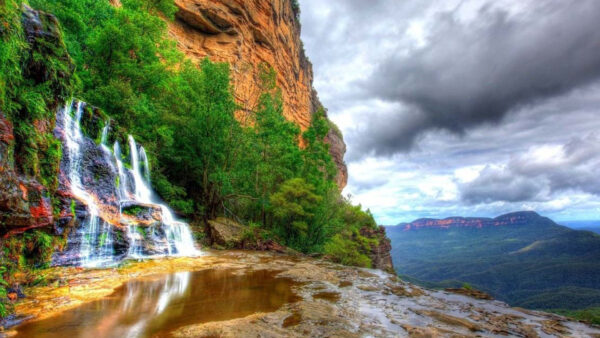 Wallpaper Waterfalls, Puddle, Mountain, Beautiful, Trees, Reflection, Rocks, Green