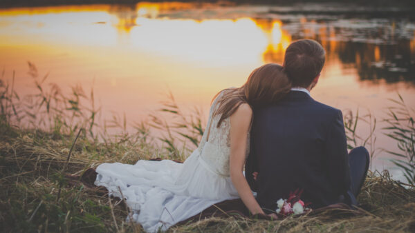 Wallpaper Near, River, Couple, Sitting, Grass