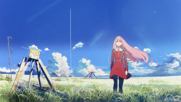 Wallpaper FranXX, Desktop, Sky, Clouds, Background, Anime, Standing, Darling, Grass, Hiro, Blue, Two, Field, Zero