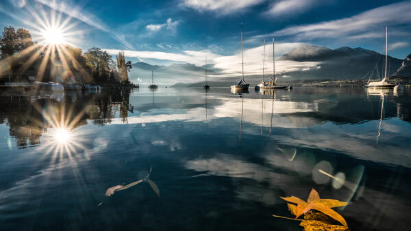 Wallpaper Mountain, Background, With, And, Mobile, Cloudy, Boat, Desktop, Sky, Nature, Reflection, Sunbeam, Lake