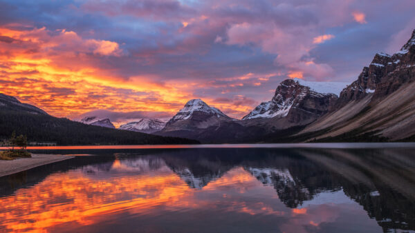 Wallpaper Clouds, Landscape, Sky, Mountains, Lake, Covered, Under, Sunset, View, Snow, White, During, Reflection