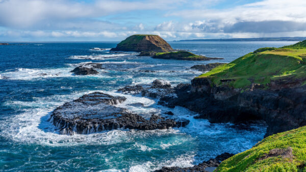 Wallpaper Blue, During, Waves, Mountain, Rocks, Coast, Daytime, Under, White, Greenery, Ocean, Nature, Clouds, Desktop, Mobile, Sky