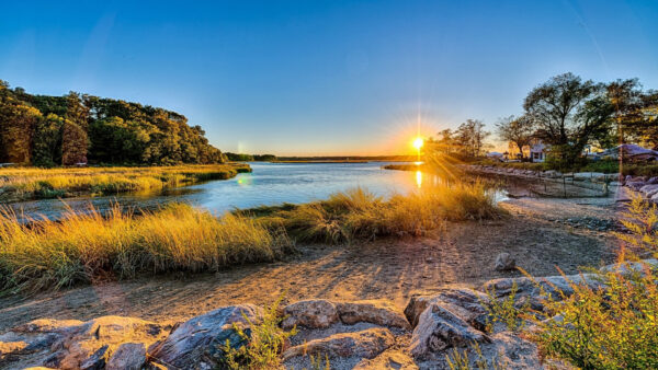 Wallpaper Grass, Sunset, Rocks, River, Sand, And, Green, Trees, Between