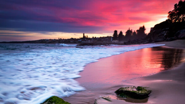 Wallpaper During, Waves, Ocean, Under, Nature, Purple, Beach, Sunset, Foam, Stones, Trees, Sky, Blue, Sand