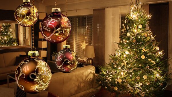 Wallpaper Golden, Brown, Decoration, Lights, Christmas, Tree, Red