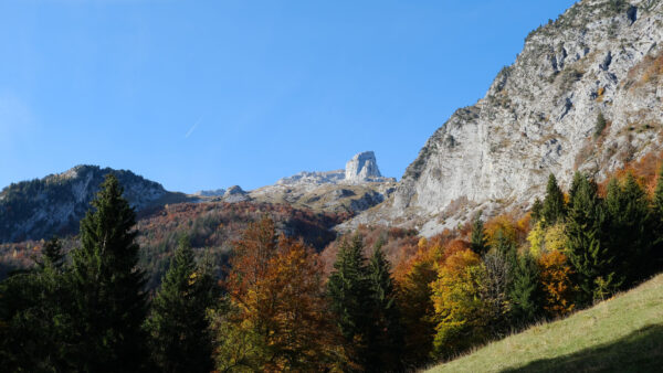 Wallpaper Sky, Trees, Red, Yellow, Rock, Mobile, Mountains, Background, Blue, Autumn, Desktop, Green, Slope, White