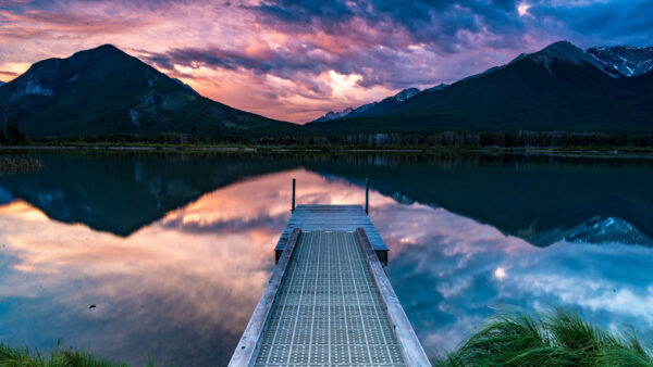 Wallpaper Desktop, Background, Reflection, Nature, Lake, Mountains, Under, Pier, Black, Shore, Pink, Cloudy, Mobile