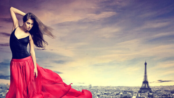 Wallpaper Cloudy, And, Desktop, Sky, With, Travel, Girl, Black, Top, Tower, Side, Eiffel, Skirt, Red, Background, Long