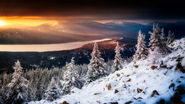Wallpaper Nature, Sunset, Lake, Trees, View, Mountain, Snow, Desktop, And, During, Covered