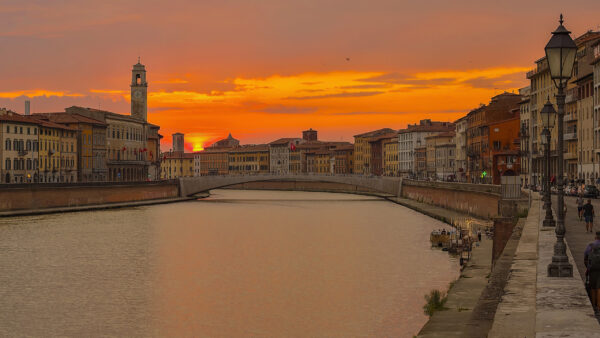 Wallpaper Between, River, Building, Italy, Sunset, During, Pisa, Travel, Desktop