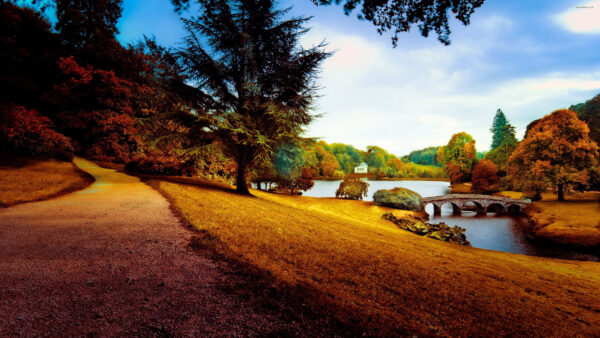 Wallpaper River, Dry, Blue, Trees, Beautiful, Nature, Under, Park, Desktop, Autumn, Water, Above, Bridge, Colorful, Mobile, Field, Grass, Sky