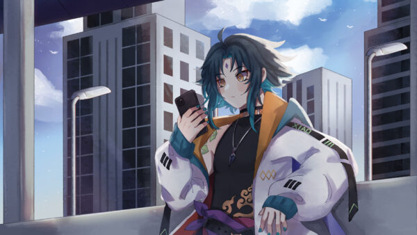 Wallpaper Xiao, Background, Genshin, Impact, Buildings