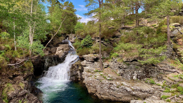 Wallpaper River, Stream, Blue, Green, Bushes, Background, Desktop, Trees, Under, Sky, Forest, Waterfalls, Nature, Mobile