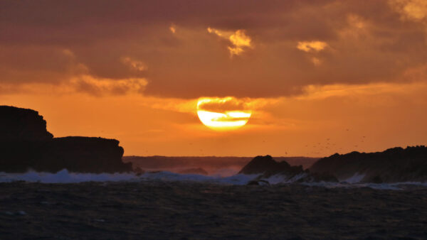 Wallpaper Black, Sky, Waves, Ocean, Rocks, Sunset, Under, During, Nature, Clouds