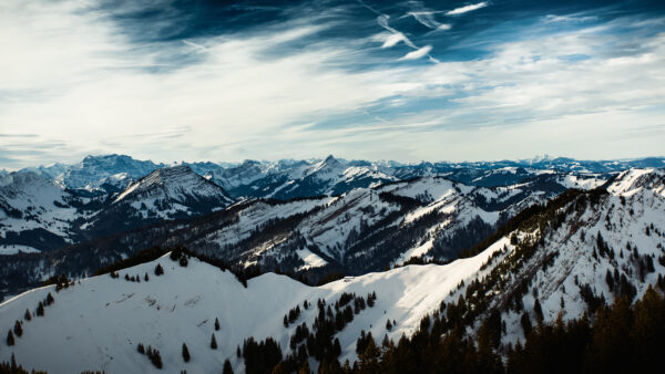 Wallpaper Mountains, Slope, Green, White, With, Trees, Under, Desktop, Mountain, Sky, Blue, Snow, Clouds, Mobile