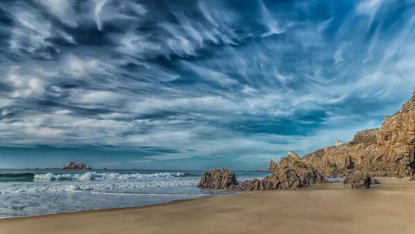 Wallpaper Ocean, Sky, Clouds, Nature, Under, White, Mountains, Sand, And, Rock, Beach, Waves, Blue