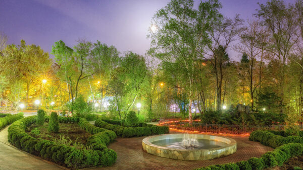 Wallpaper Fountain, Garden, Beautiful, Bushes, During, Lights, Evening, Green, Time, Trees, Plants