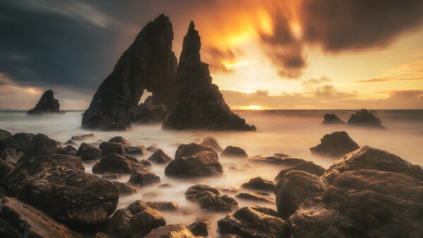 Wallpaper Sky, Black, Rock, Stream, Sunset, Waves, Nature, Ocean, During, Clouds, Blue, Under, Stones