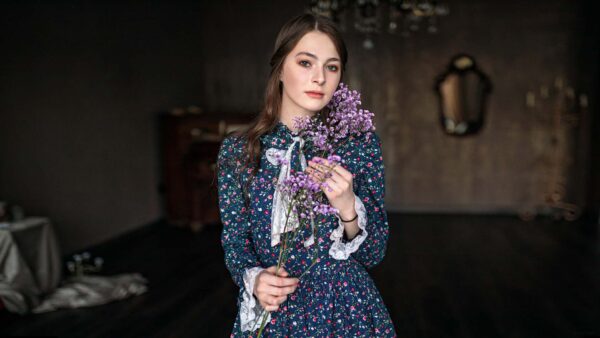 Wallpaper Blue, Model, Standing, Wearing, Dress, Flowers, Girls, Girl, Background, Purple, Dark, Design, With